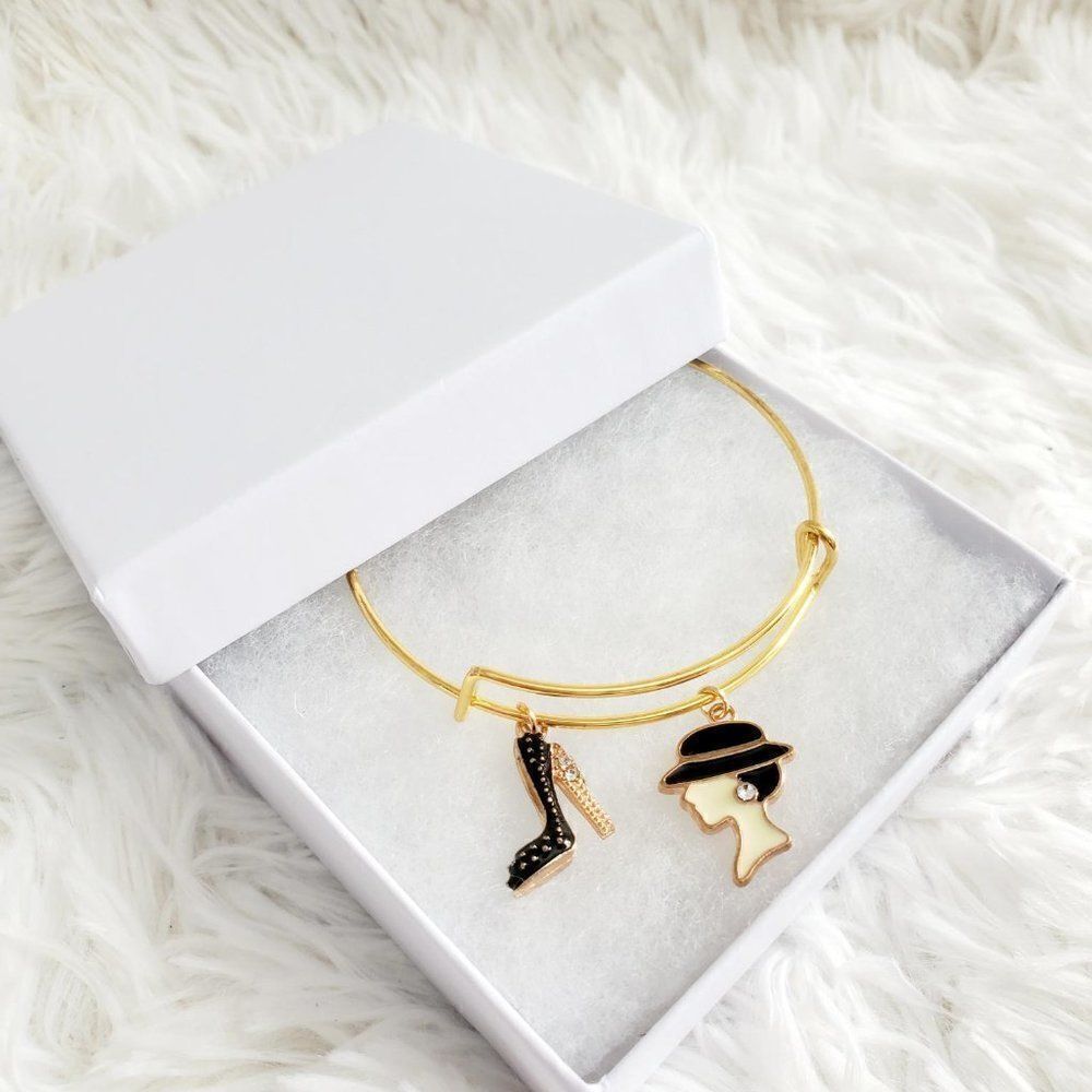 Gold Boss Lady Adjustable Bracelet, Black High Heel Charm, Lady with Black Hat